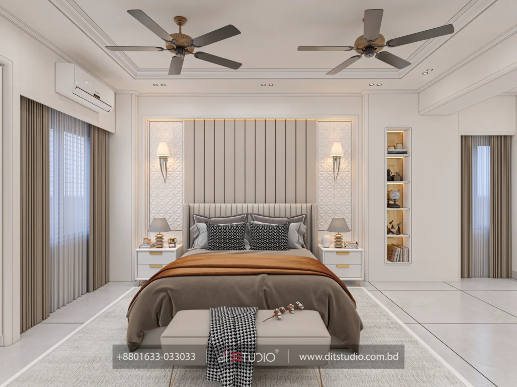 Master bedroom with fluted panel headboard, textured side panels and twin lamp nightstands