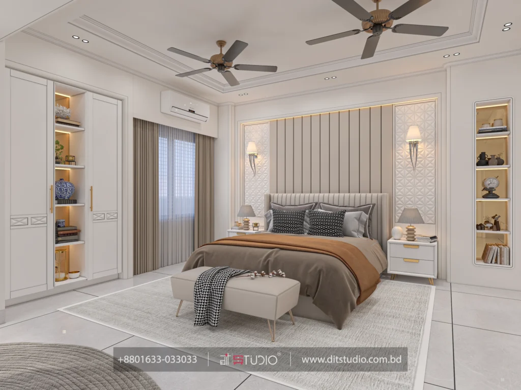 Master bedroom with backlit glass display wardrobe and open niche shelves, Basabo apartment