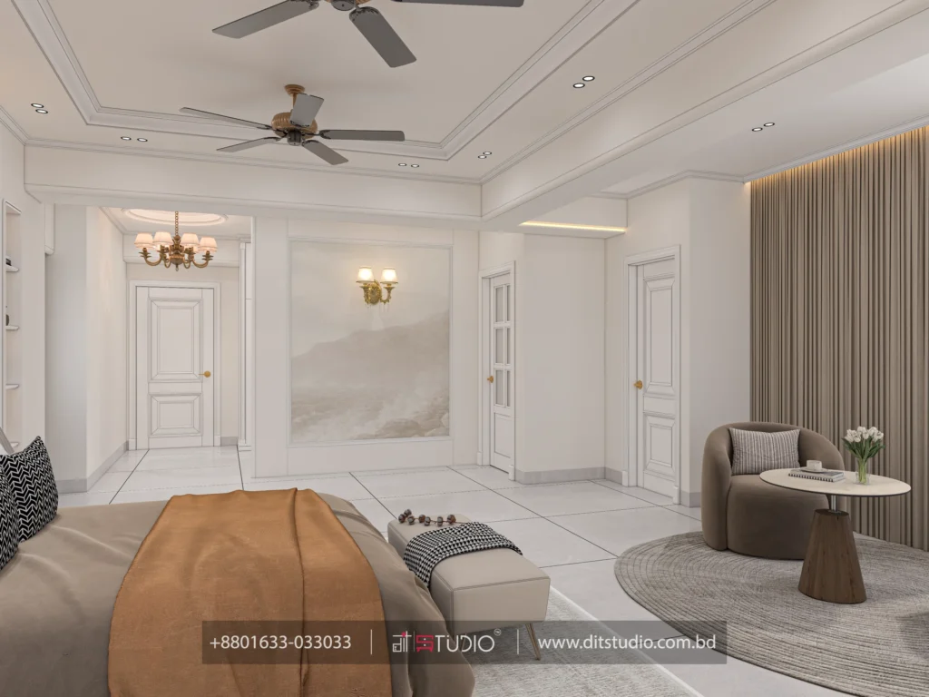 Master bedroom view to a mountain mural panel, brass sconce and classic panelled doors