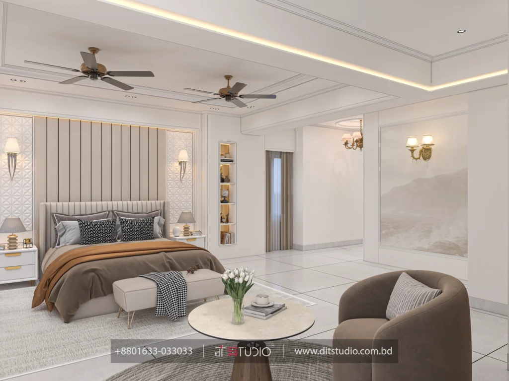 Master bedroom seating with round marble table, swivel chair and mountain wall artwork