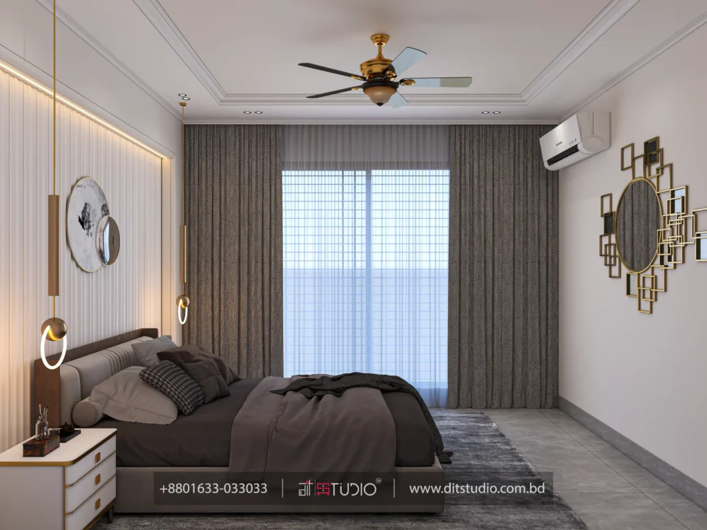 Bedroom with backlit fluted headboard panel, round marble disc art and gold ring pendants, Bashundhara Block-L