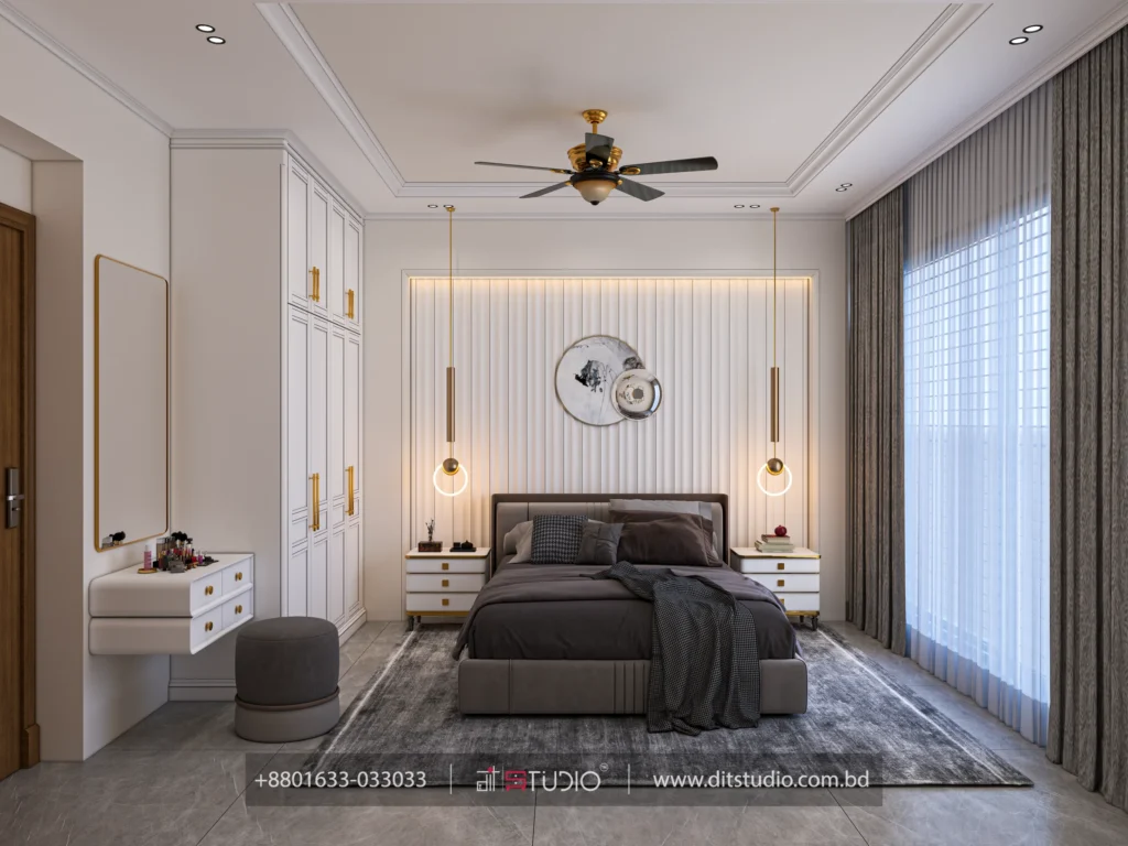 Bedroom with fluted backlit wall, twin gold ring pendants and a gold mirror over a floating dresser