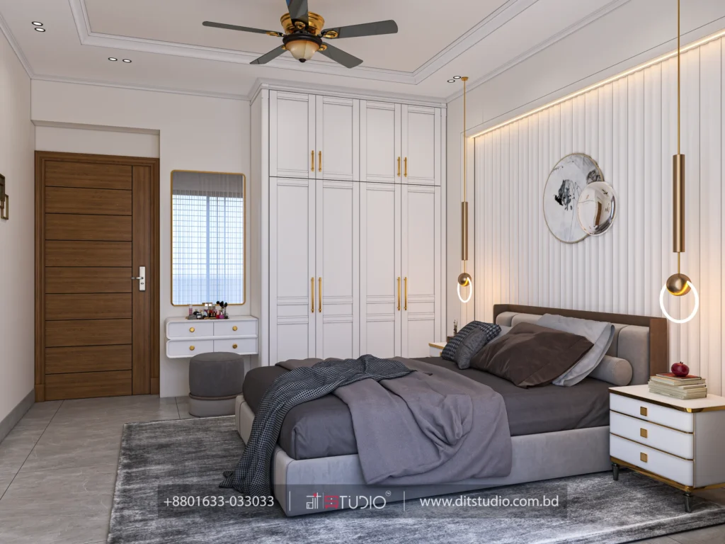 Bedroom dressing corner with gold framed mirror, white dresser and a classic panelled wardrobe