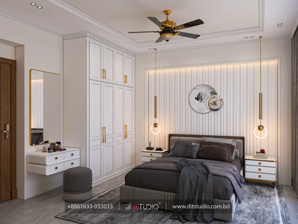 Corner wardrobe in white with gold handles beside a floating dresser and grey stool