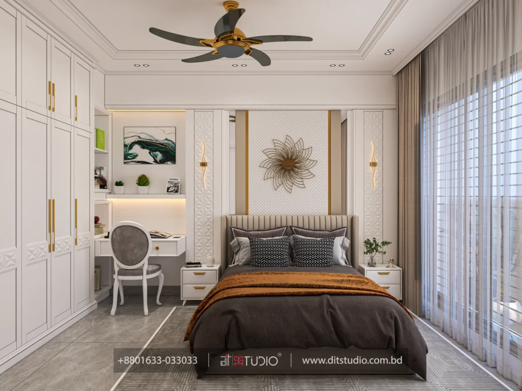Bedroom with gold flower wall art, fluted upholstered headboard and a backlit study desk