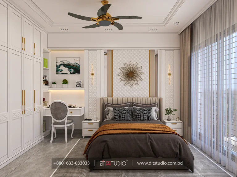 Bedroom with gold flower wall art, fluted upholstered headboard and a backlit study desk
