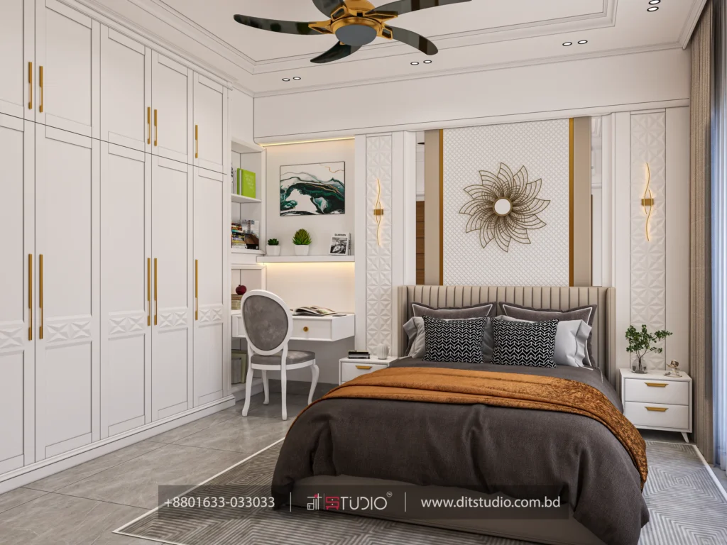 Bedroom wardrobe wall with lit study nook, teal abstract art and orange throw on the bed