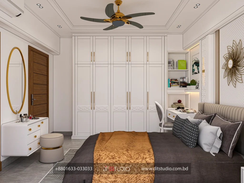 Bedroom with oval gold mirror over a white dresser and a tall panelled wardrobe with gold handles