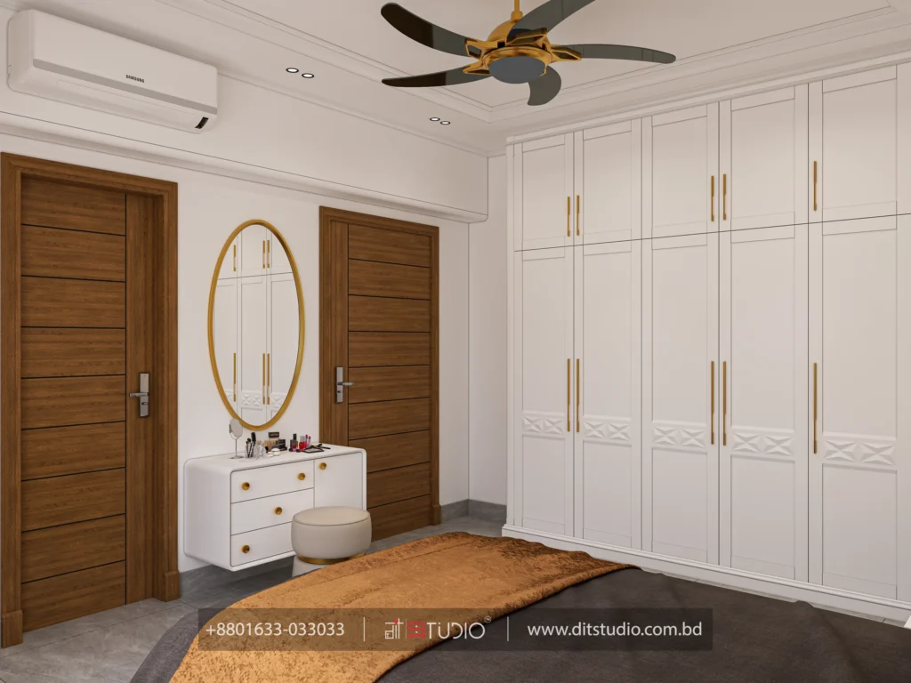 Dressing corner with oval gold mirror, white drawer unit, stool and a gold ceiling fan