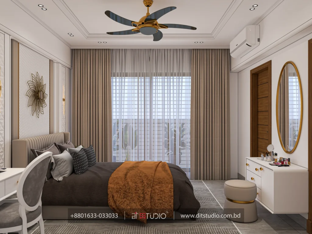 Bedroom from the balcony window with brown curtains, sheers and an oval gold dressing mirror
