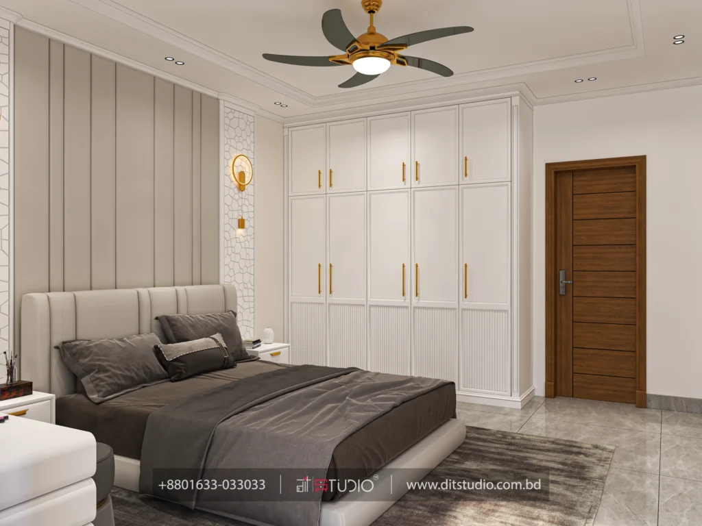 Bedroom with beige fluted headboard, mosaic accent strip and a gold wall sconce, Bashundhara Block-L
