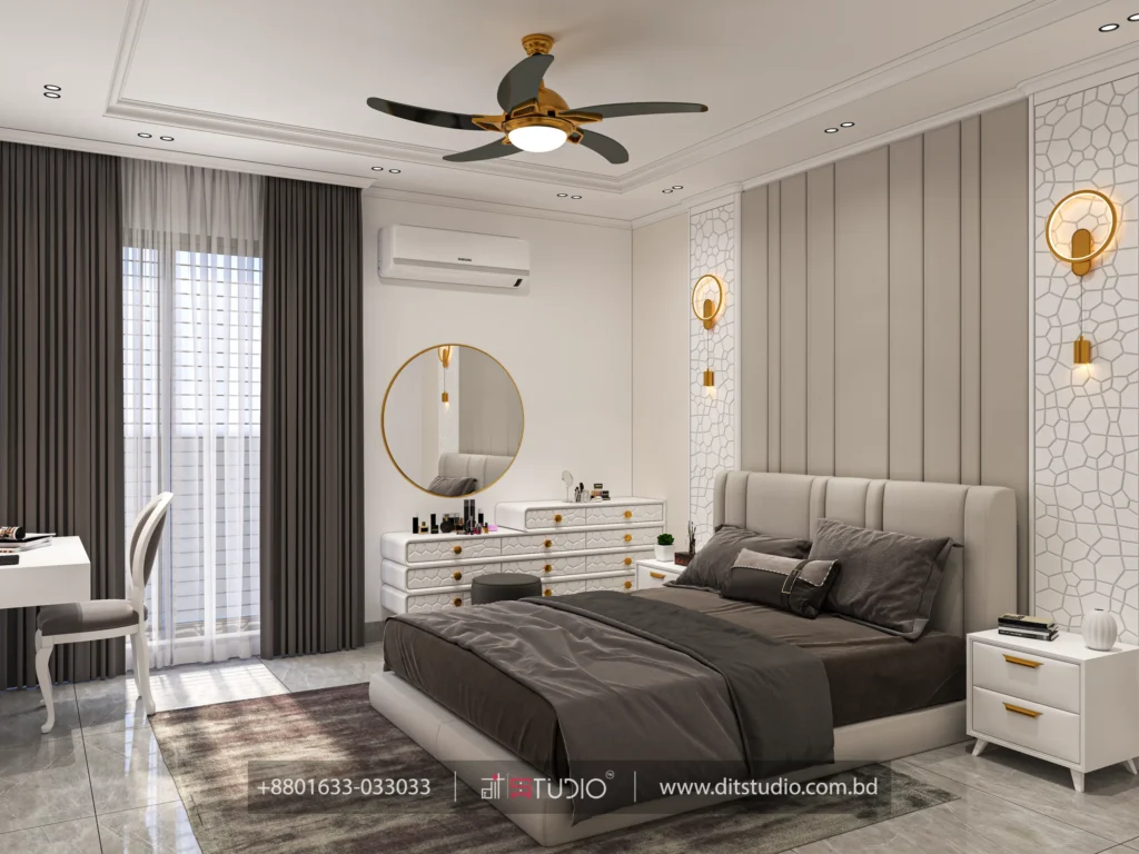 Bedroom with round gold mirror, textured white dresser, brown curtains and a corner study desk