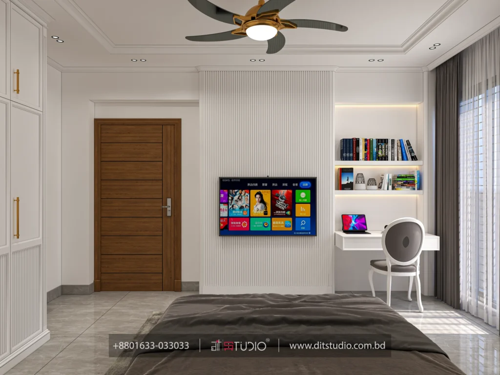 Fluted white TV wall with a backlit bookshelf and study desk with an oval back chair