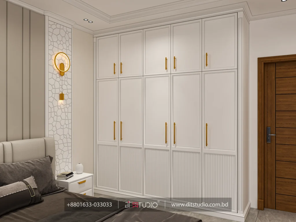 Five door white wardrobe with gold handles, fluted base panels and a mosaic accent panel