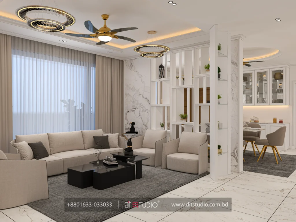 Living room with beige sofa set, marble accent wall and twin gold ring chandeliers, Bashundhara Block-L