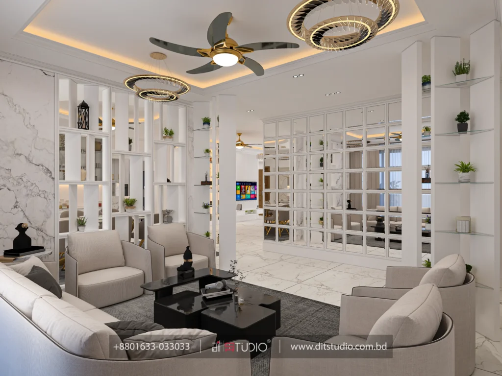 Lounge with open grid shelf partitions, mirrored panel wall and beige armchairs