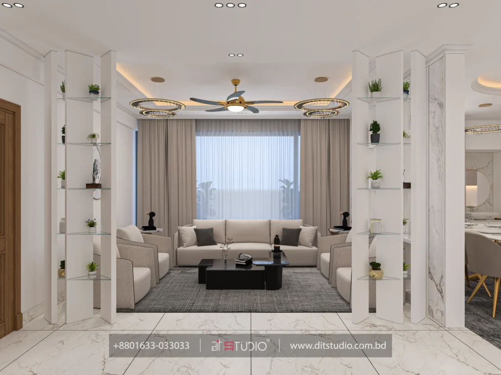 Symmetrical living room framed by glass shelf columns with plants and a black coffee table