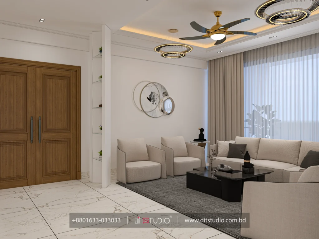 Entry with wooden double doors, planted glass shelving and a round marble disc wall art