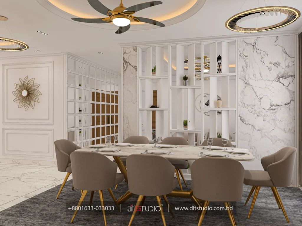 Dining with oval marble table, tan gold leg chairs and a gold sunflower wall sculpture