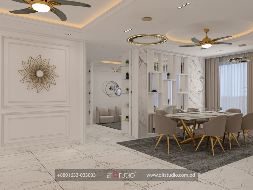 Wide living and dining view with marble floors, grid partition and gold sunflower art