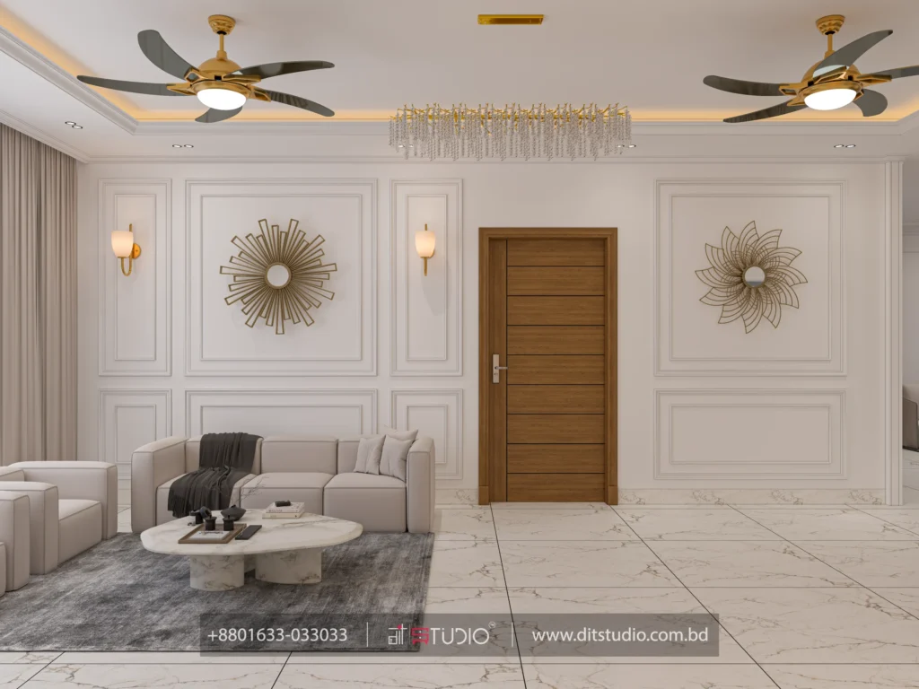 Formal seating with twin gold sunburst mirrors, brass sconces and a crystal linear chandelier