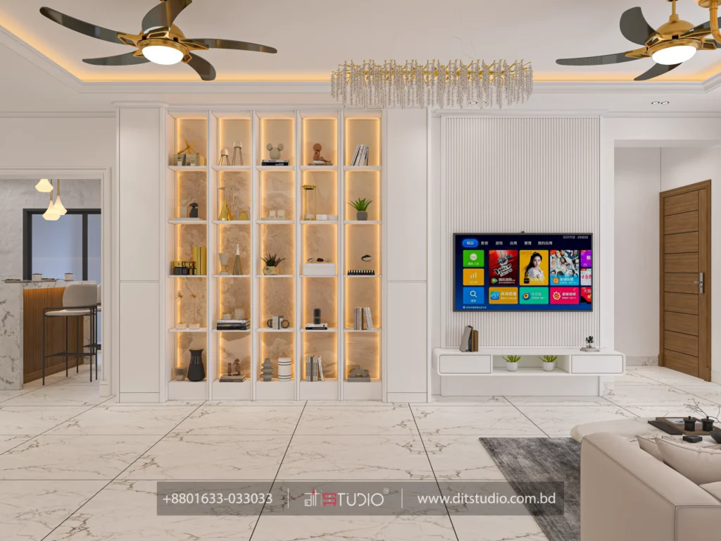 Backlit display shelf wall with fluted TV panel, floating console and twin gold ceiling fans