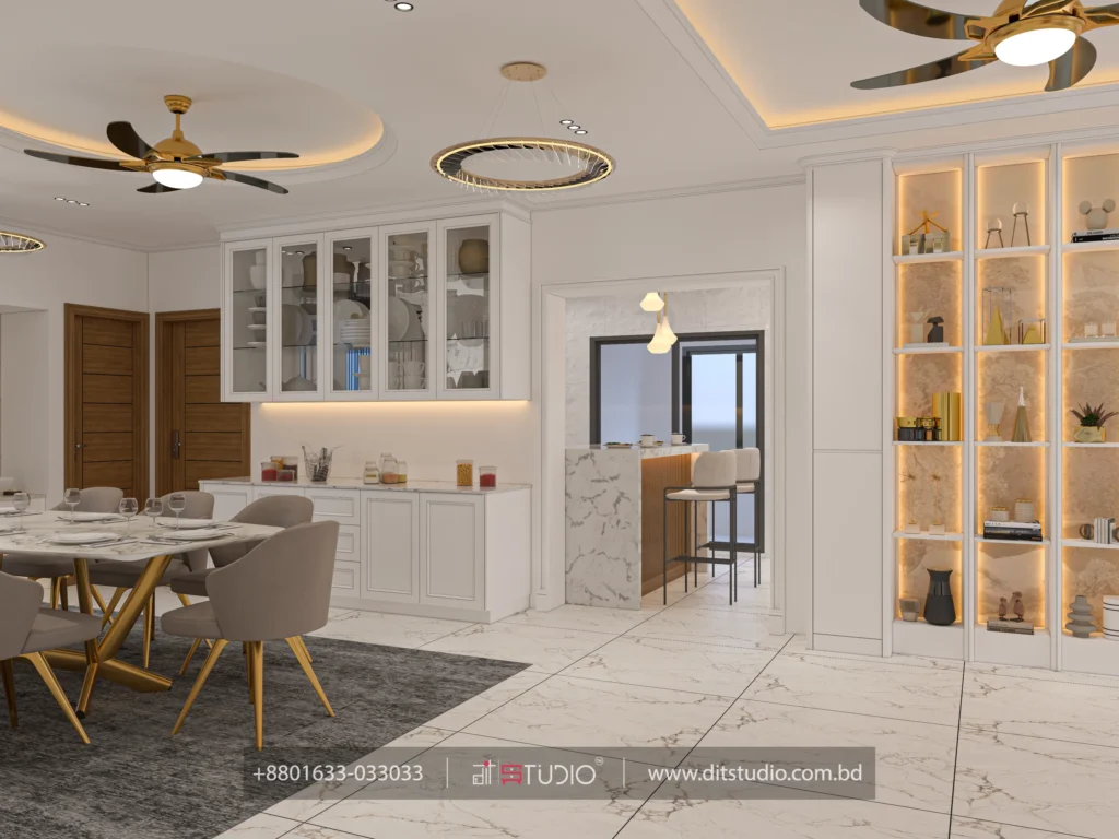 Dining beside white glass front crockery cabinets and a marble and wood breakfast bar