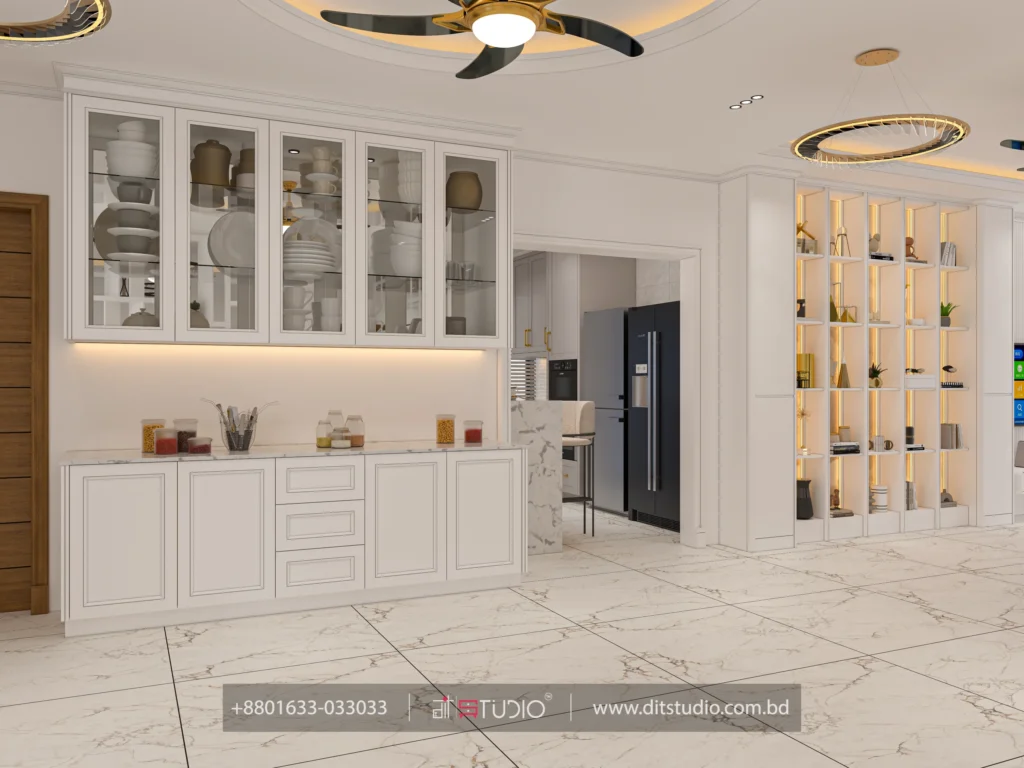 Crockery cabinet wall in white with marble counter opening to the kitchen and refrigerator