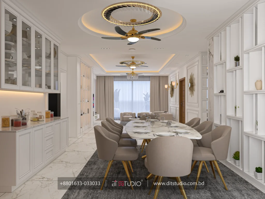 Oval marble dining table with tan chairs, lit grid shelving and a gold sunburst mirror
