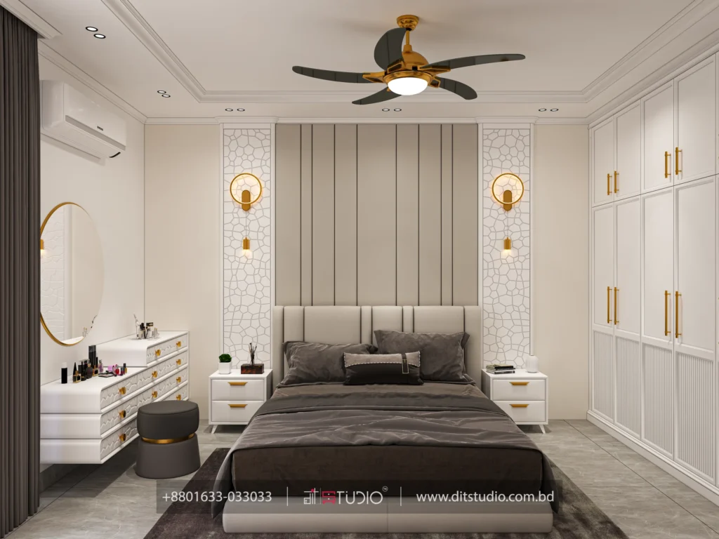 Bedroom with fluted beige headboard, mosaic side panels, gold ring sconces and oval mirror, Bashundhara