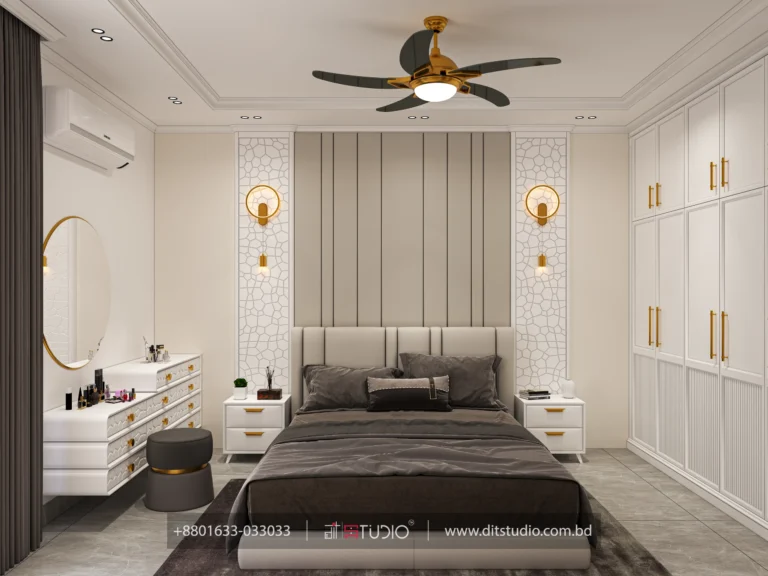 Bedroom with fluted beige headboard, mosaic side panels, gold ring sconces and oval mirror, Bashundhara