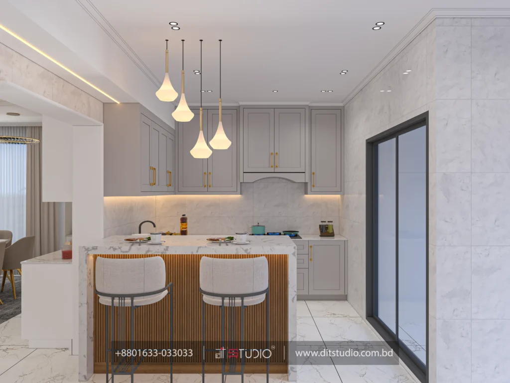 Grey shaker kitchen with marble island, fluted wood base, bar stools and teardrop pendants