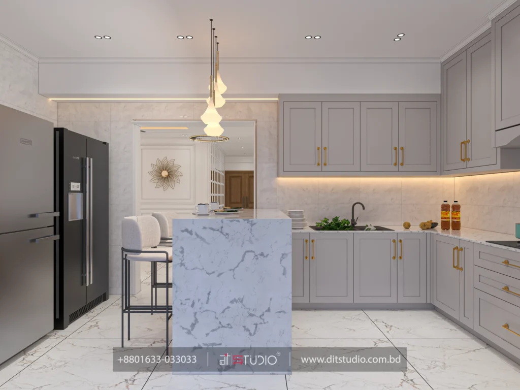 Kitchen with marble waterfall island, black side by side refrigerator and gold handle cabinets