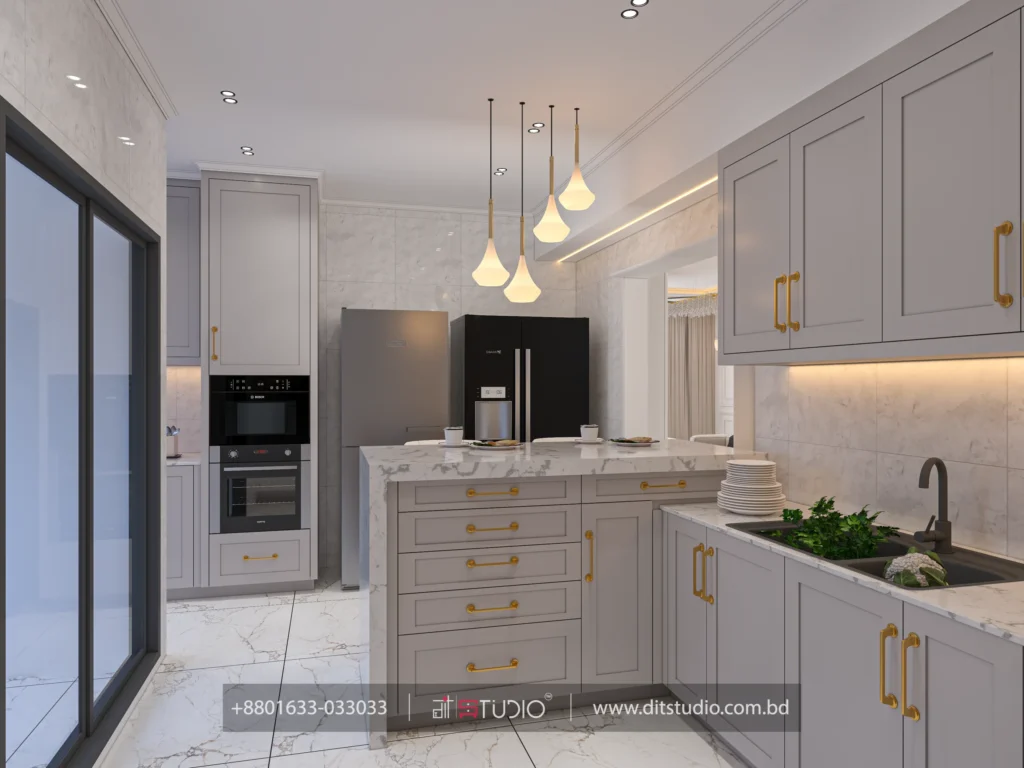 Kitchen with built in oven tower, double sink, marble counters and teardrop pendant lights