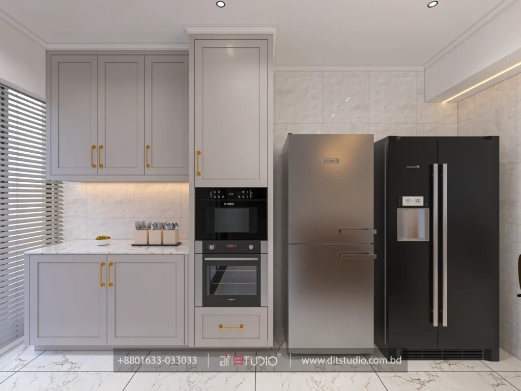 Grey kitchen with built in oven and microwave tower beside stainless and black refrigerators