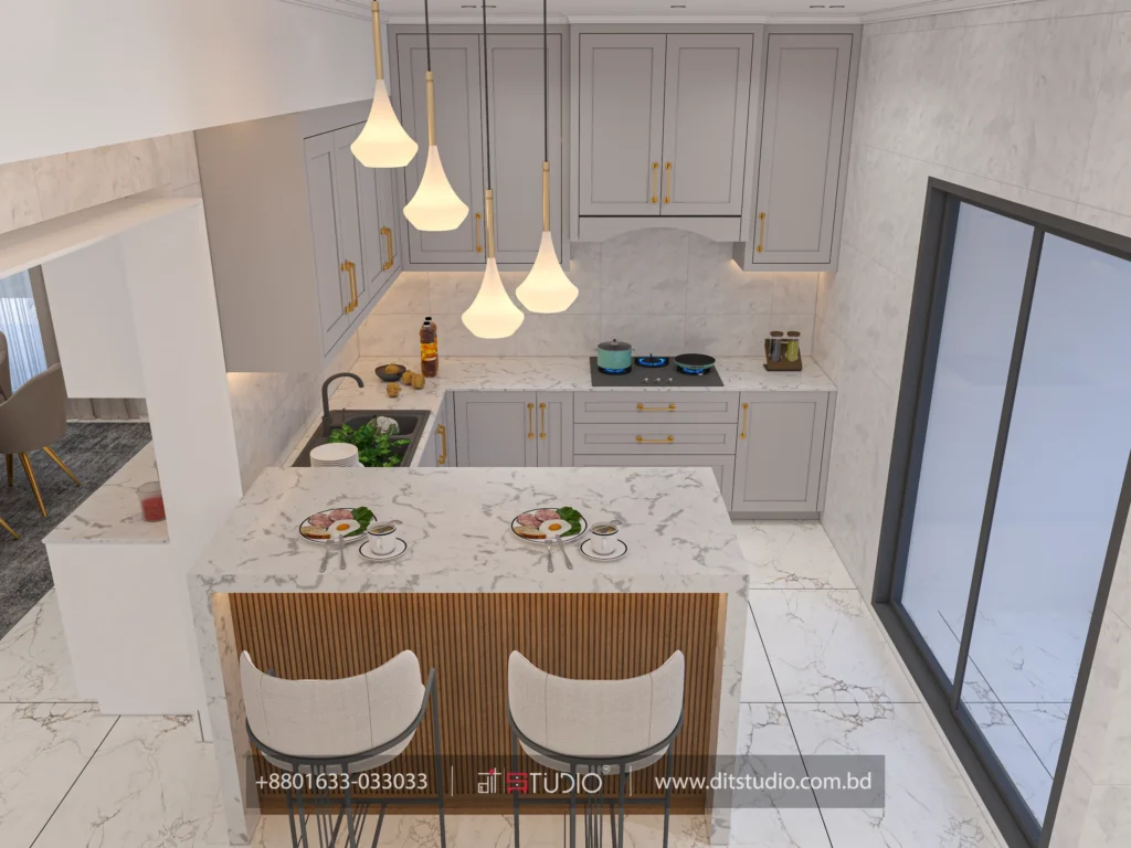 Overhead view of a U shaped grey kitchen with marble breakfast island and pendant lights
