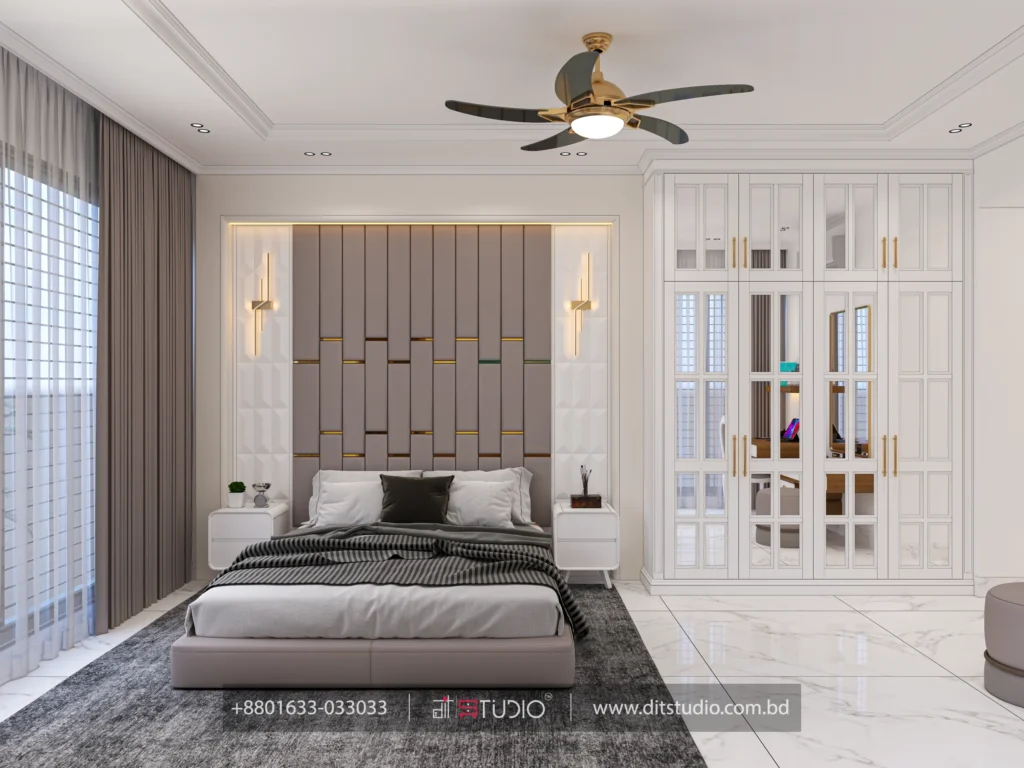 Master bedroom with panelled headboard wall, gold inlay strips and a mirrored classic wardrobe