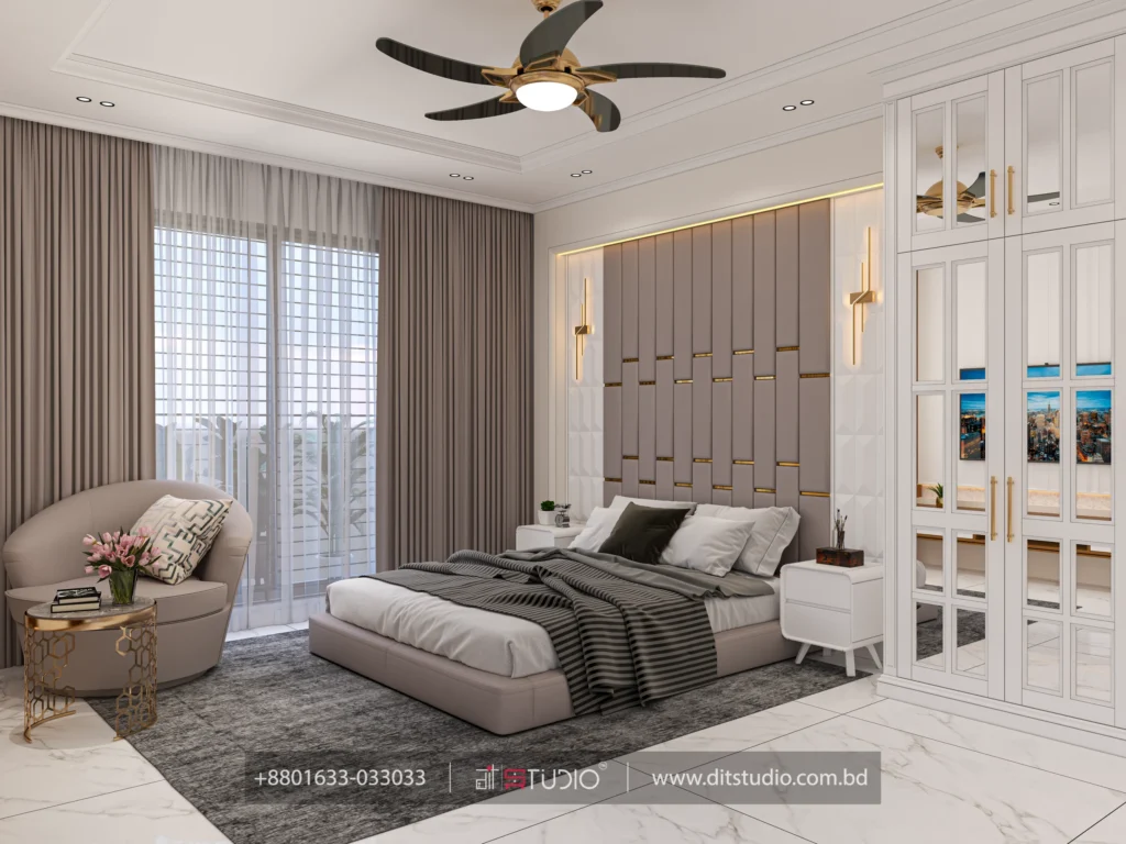 Master bedroom with balcony curtains, curved beige armchair and gold hexagon side table