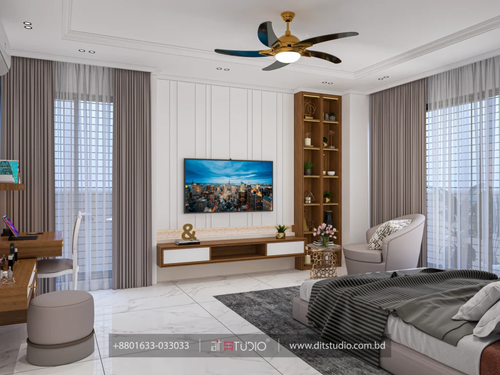Master bedroom TV wall with wood veneer display column and a floating console, Bashundhara Block-L