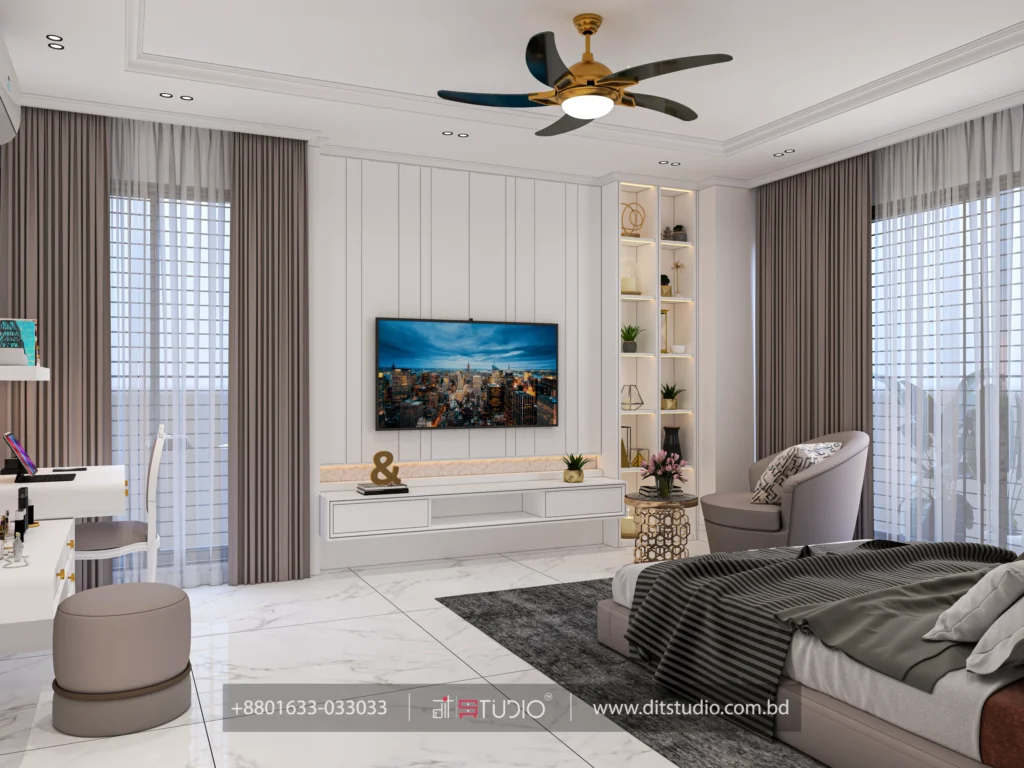 Master bedroom TV panel with backlit niche shelving, study desk and layered grey curtains