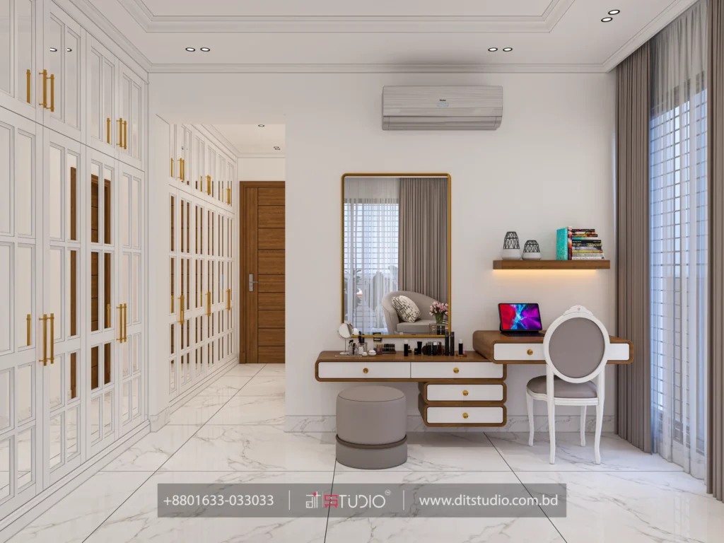 Master dressing area with mirrored wardrobes, tall gold mirror, vanity desk and stool