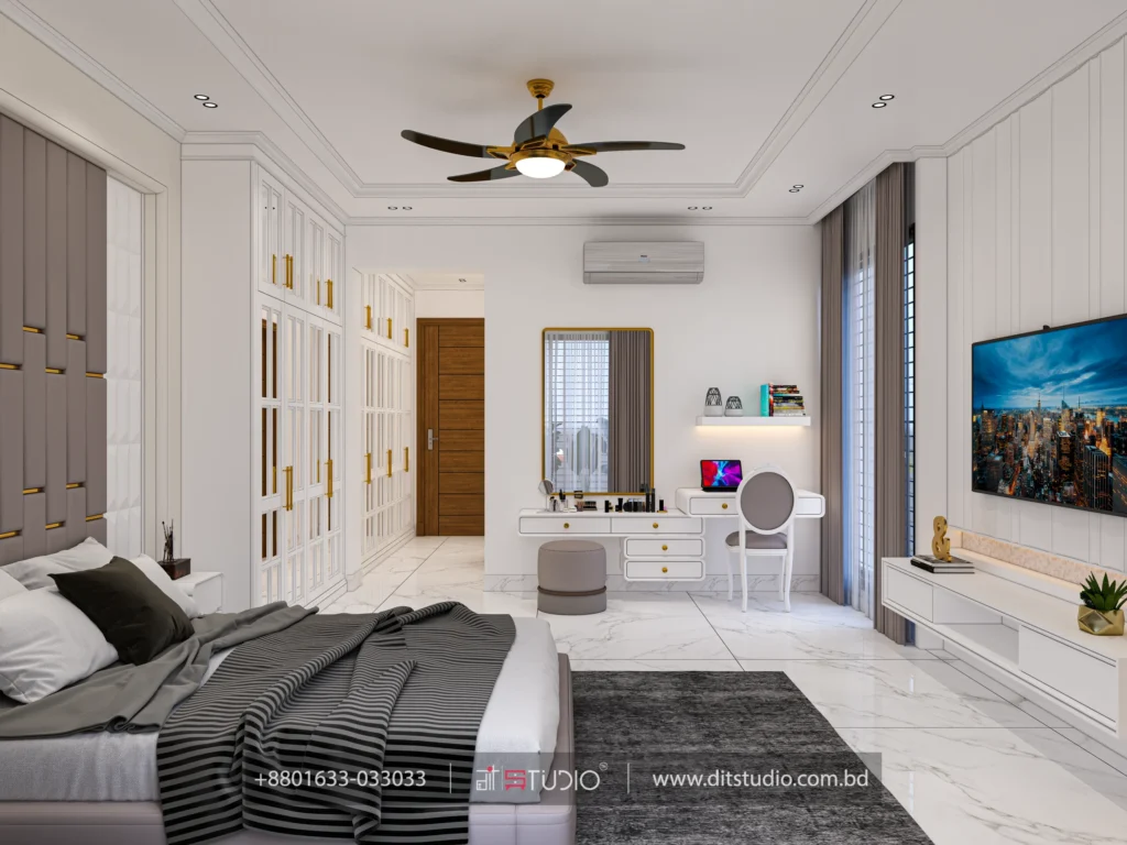 Master bedroom wide view with panelled headboard, mirrored wardrobe run and dressing table