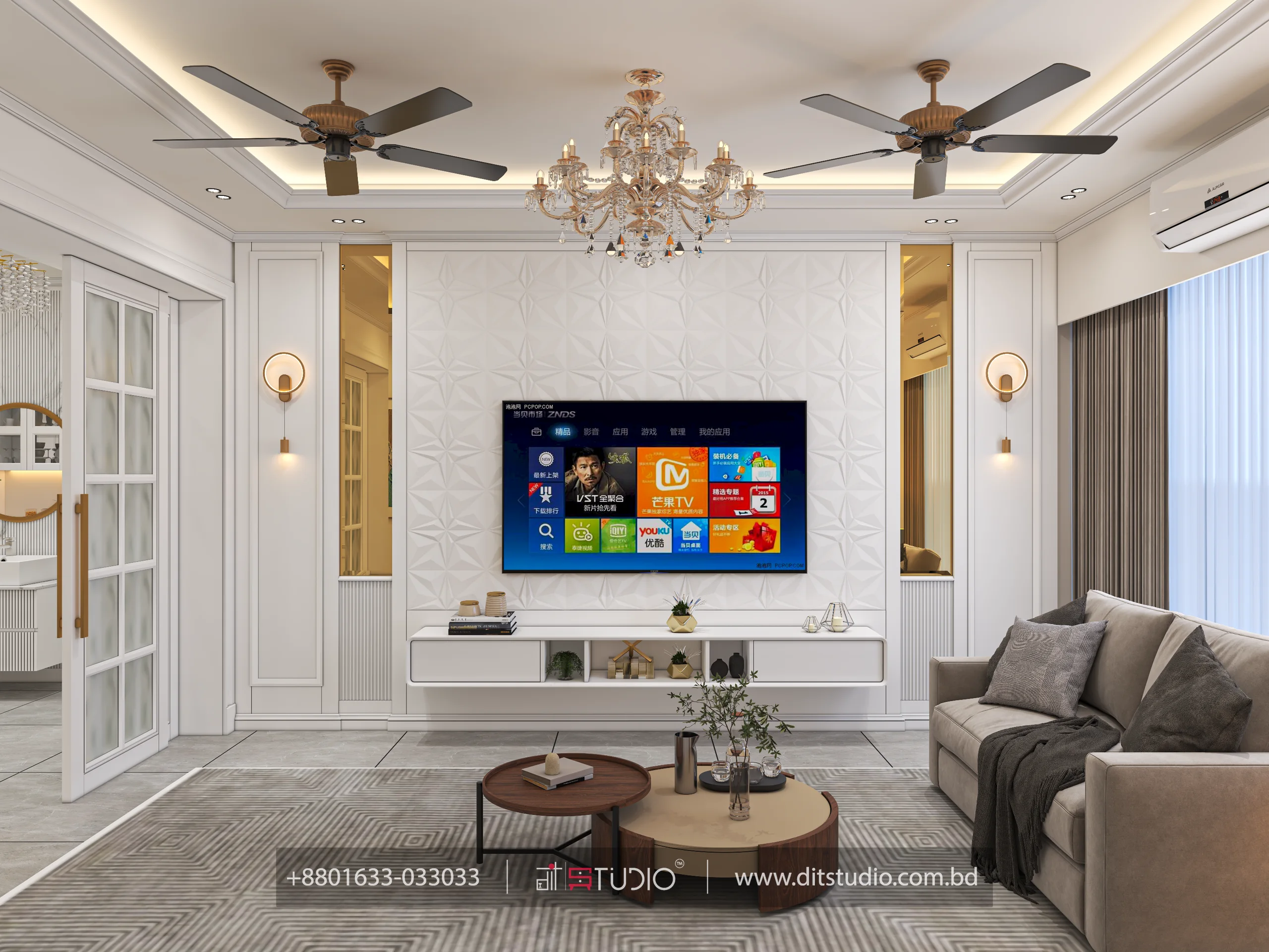 White living room with 3D diamond panel TV wall, crystal chandelier and floating console, Bashundhara Block-M