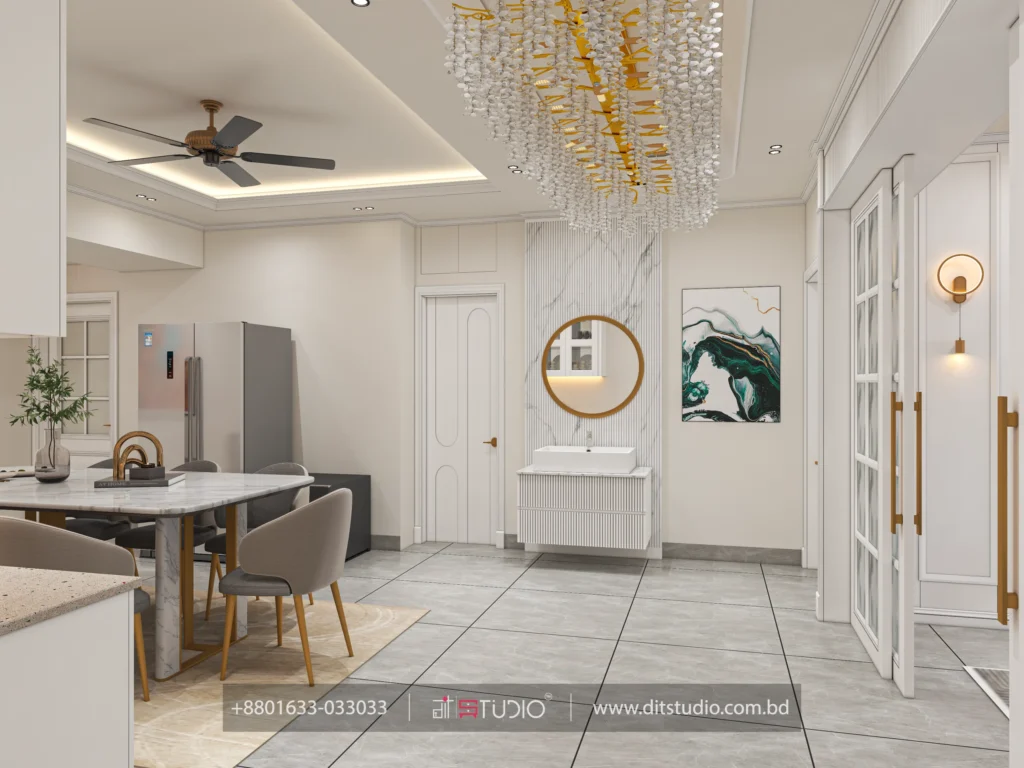 Dining and washbasin zone with round gold mirror, fluted vanity and crystal drop chandelier