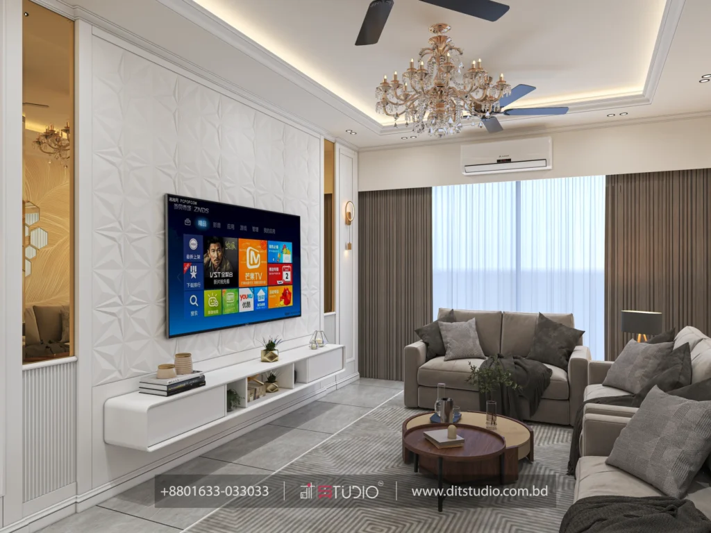 Modern living room with textured 3D TV wall, fluted wood panelling and grey fabric sofa set