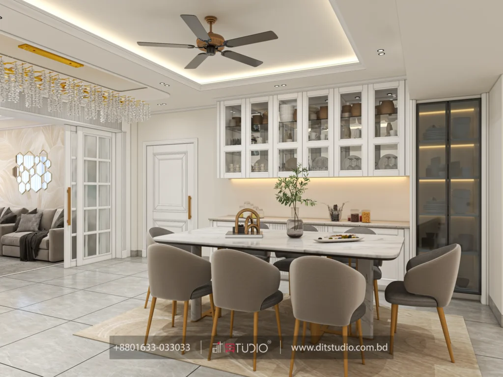 Marble dining table with tan chairs, glass front crockery cabinets and warm cove lighting