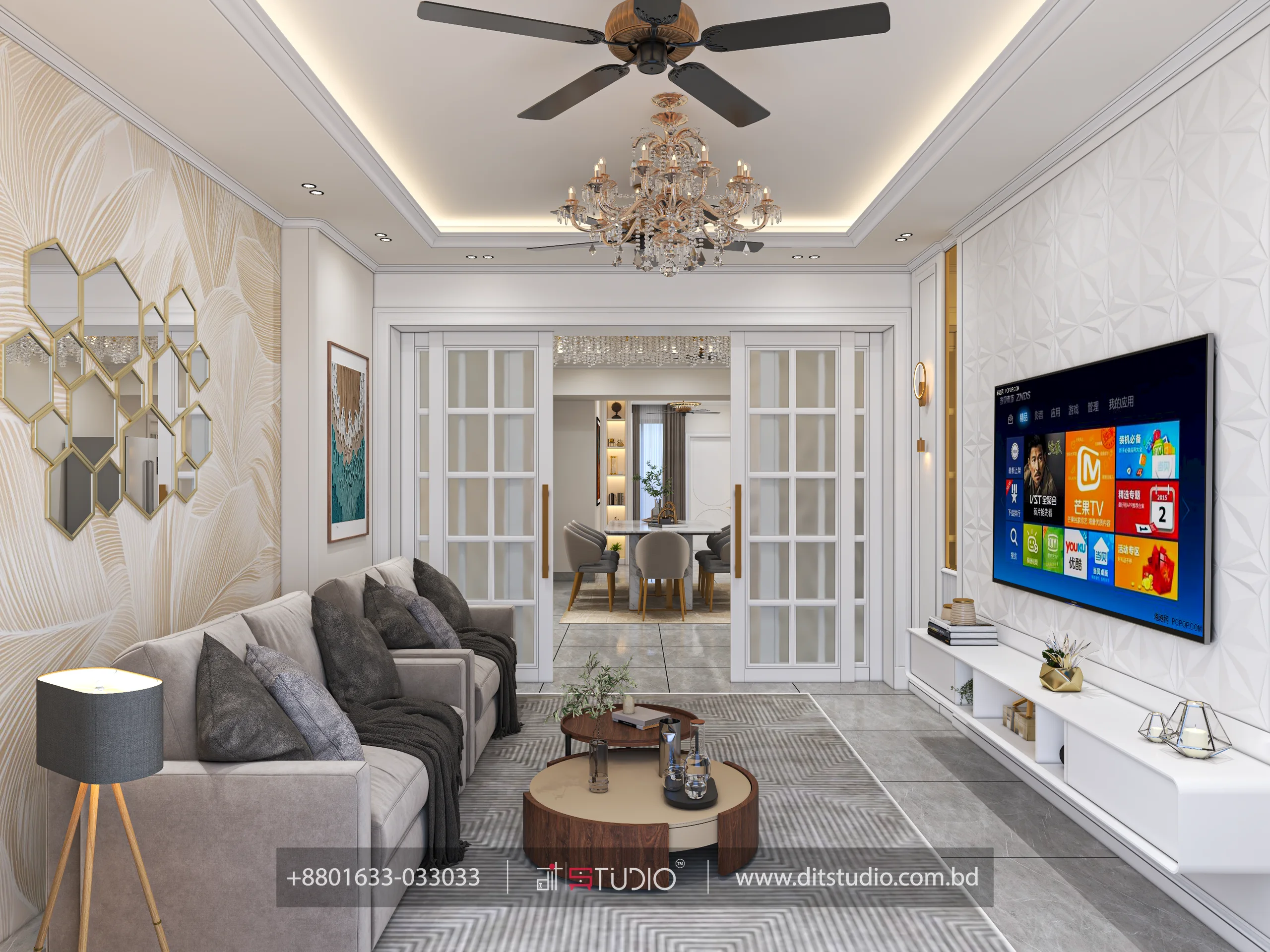 Living room with feather mural wallpaper, hexagon gold mirrors and glazed sliding partition