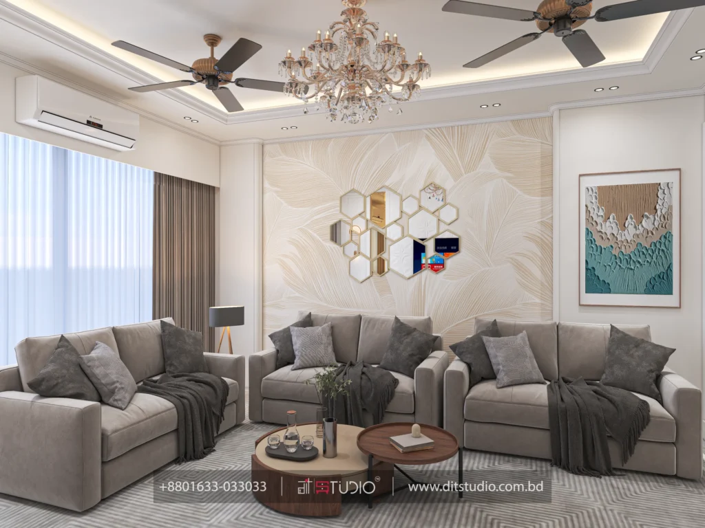 Three sofa seating around a leaf pattern feature wall with hexagon mirror cluster, Bashundhara