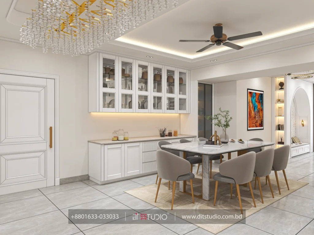 Open dining space with white crockery cabinetry, marble top table and arched niche seat