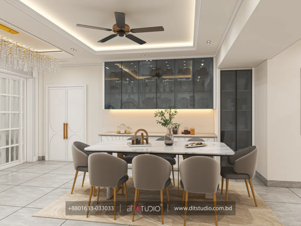 Dining area with smoked glass wall units, marble table and under cabinet strip lighting